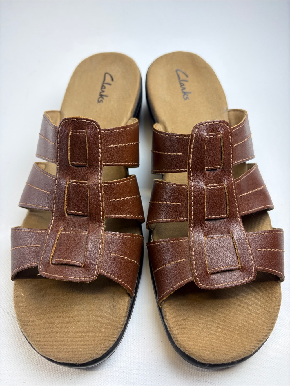 CLARKS BROWN LEATHER STRAPPY SLIDE SANDALS WOMENS SIZE 8